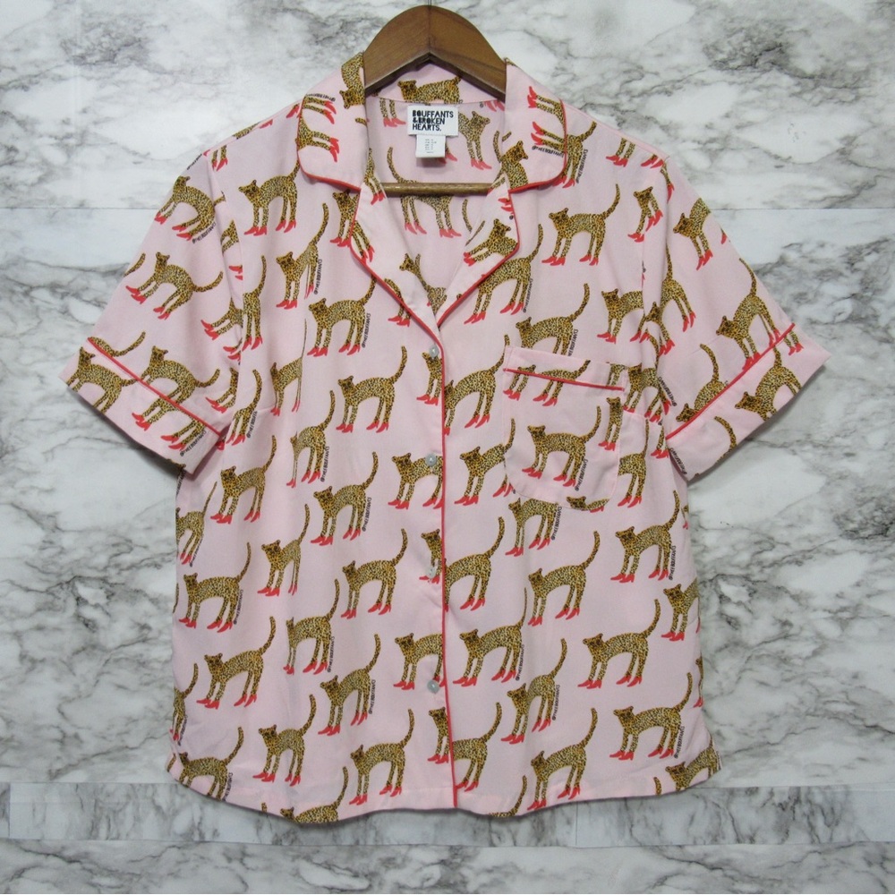 Bouffants and Broken Hearts Cheetah in Heels Notch Collar Pajama Top Size Small